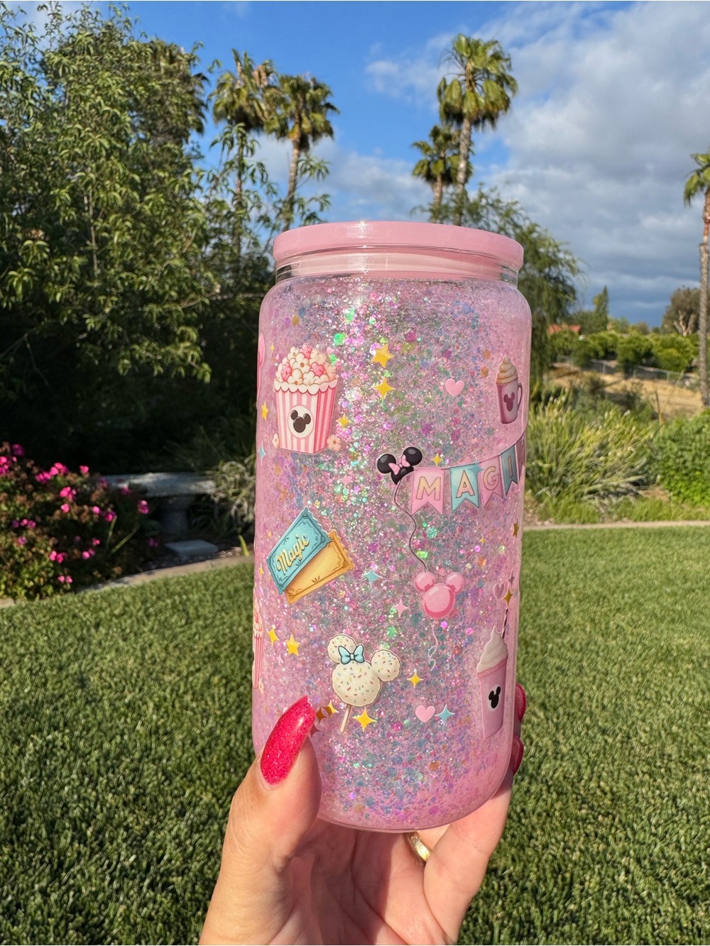 Disney Parks Magical snow globe glass Tumbler with decorated lid 16oz - Picture 3 of 5